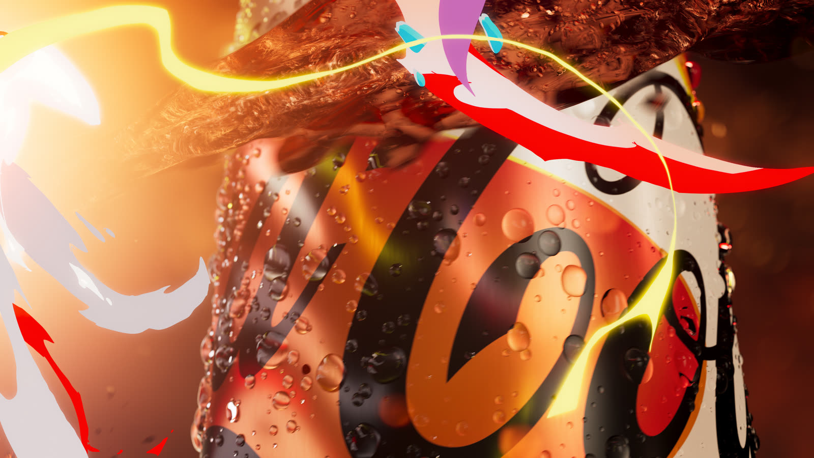 Photoreal cola fluid blended with hand-drawn anime elements