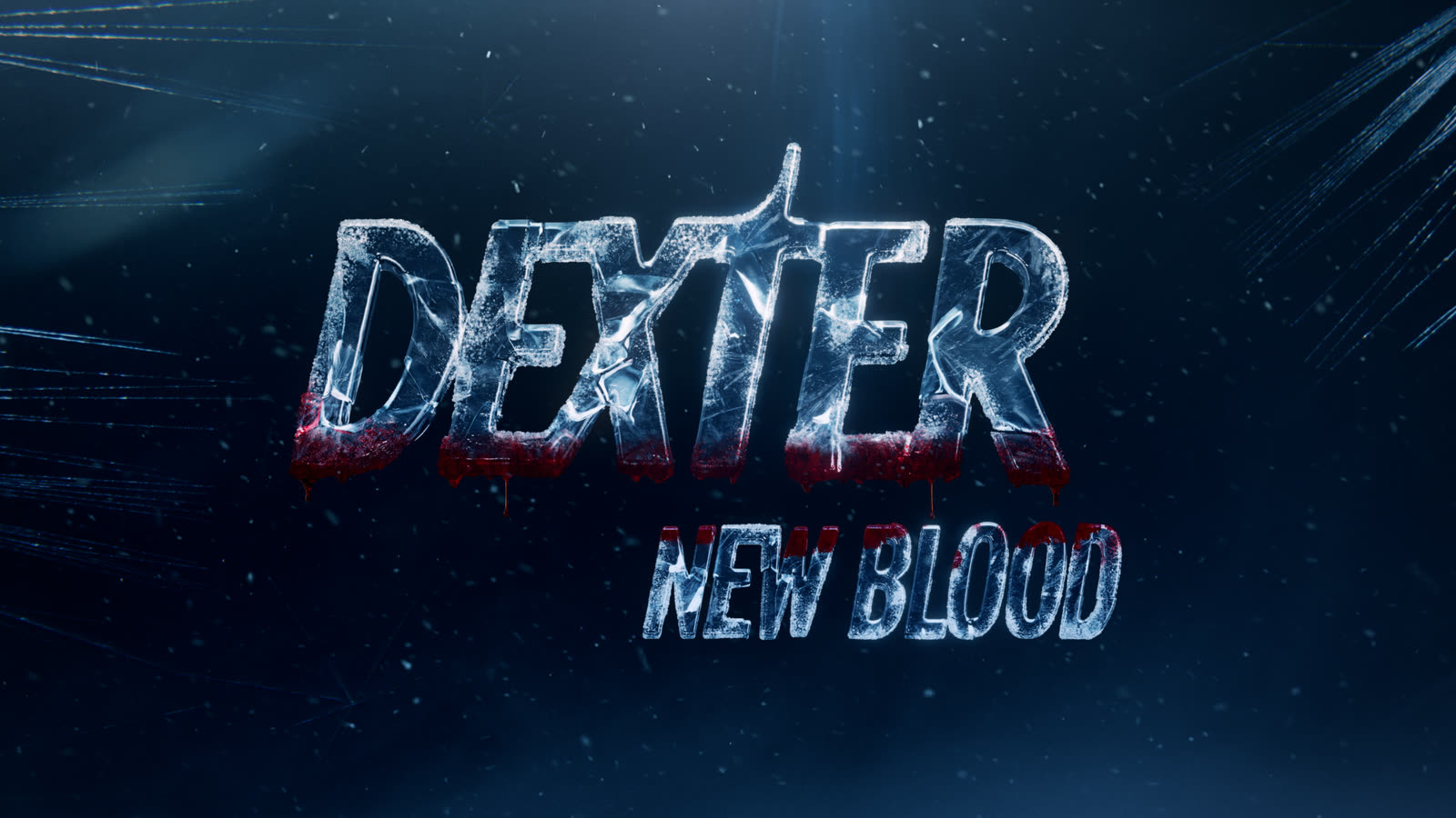 The fractured Dexter: New Blood ice logo with blood running into the type