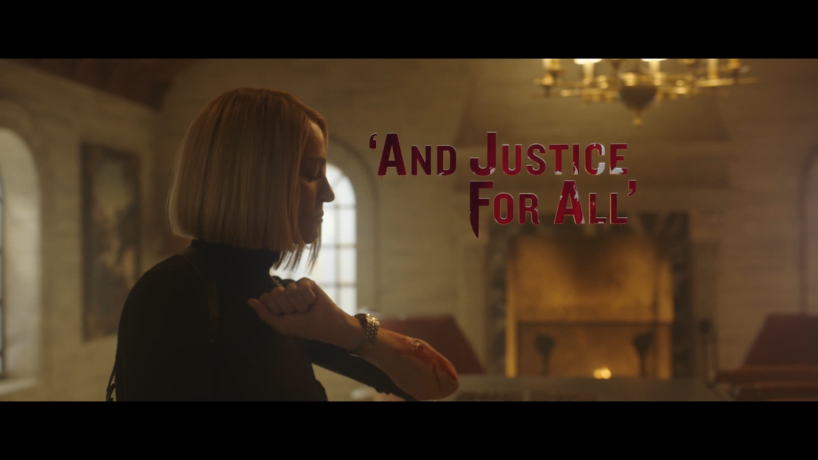 The episode title 'And Justice For All' filling with blood inside the scene