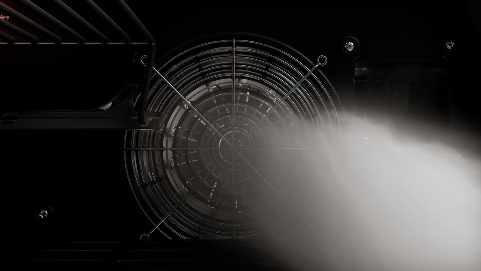 Woodfire smoke streaming through the grill's blower, a view from inside the fire box