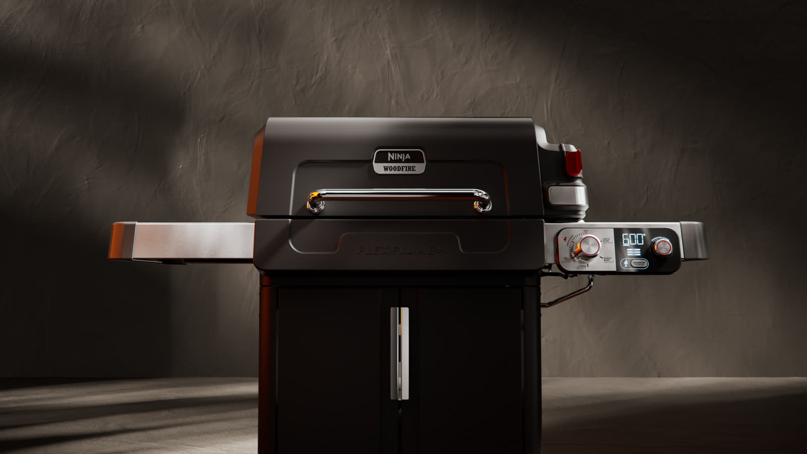 The finished Ninja FlexFlame grill rendered in moody studio light