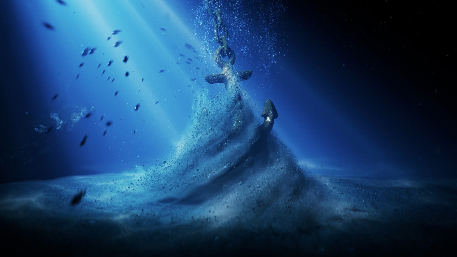 A broken anchor sinking to the seabed, swallowed by a tornado of sand