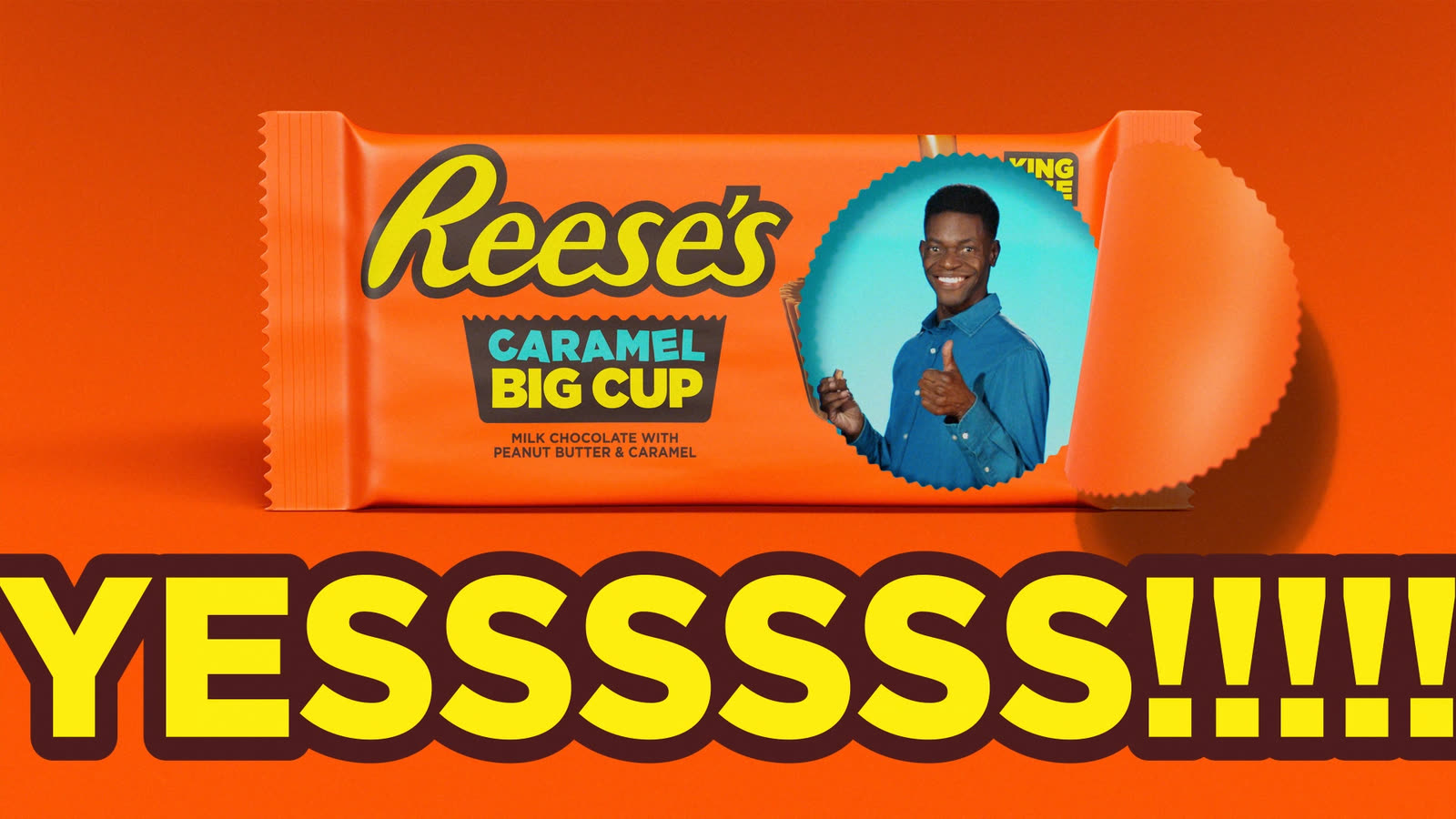 The 'YESSSSSS!' end tag with the Reese's Caramel Big Cup pack