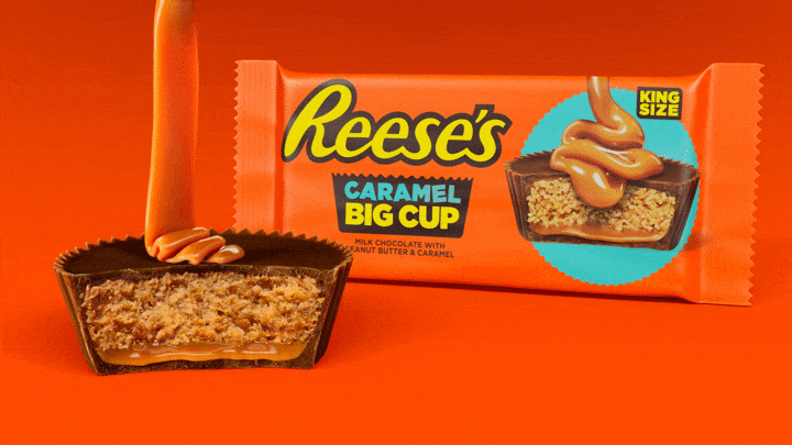 An art-directable caramel simulation poured to match the printed pack art